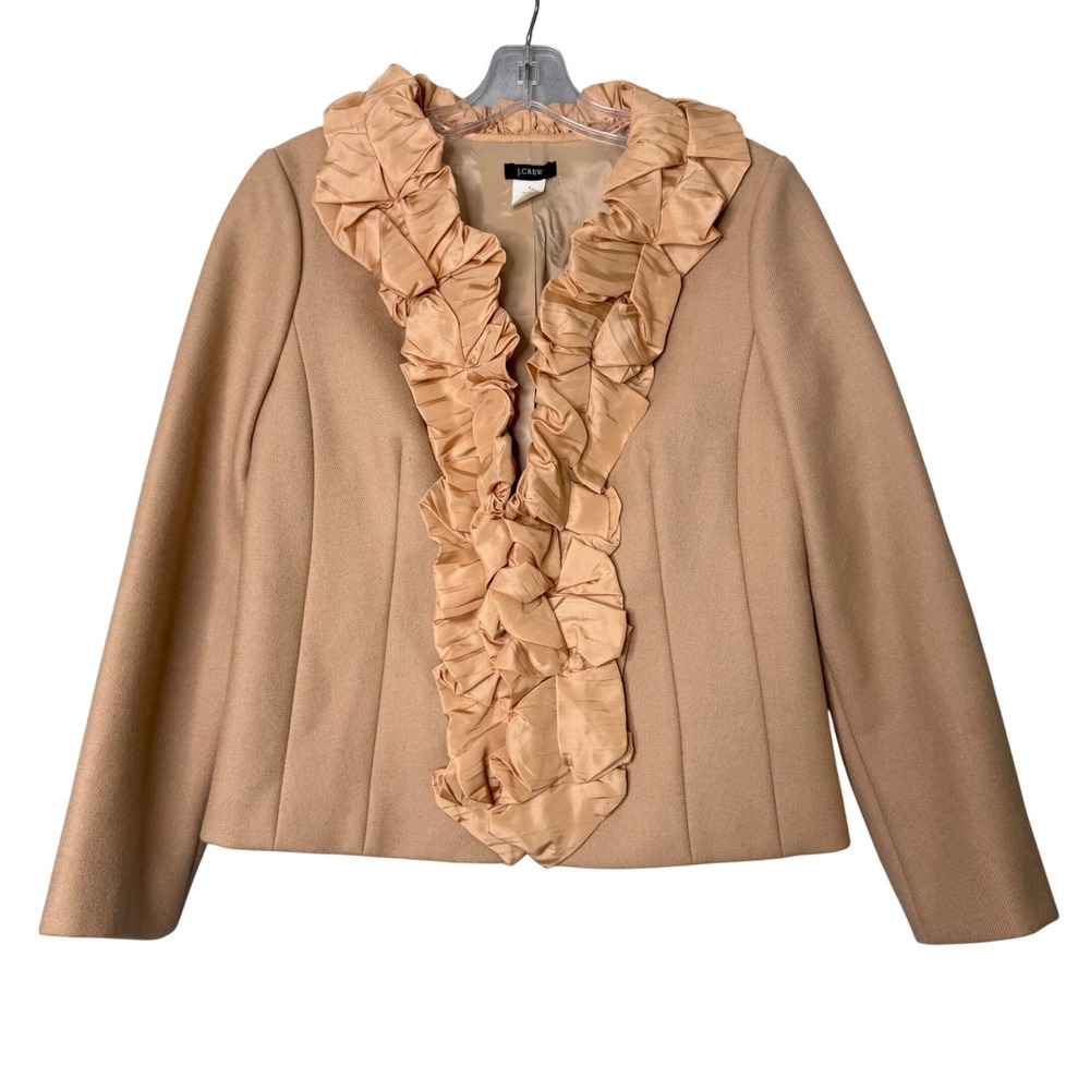 J. Crew Wool Silk Ruffle Trim Blazer Womens 4‎ Beige Preppy Fitted Lined Lady